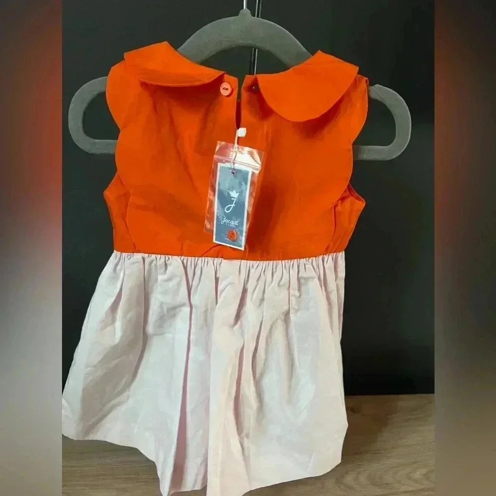 NWT • Jacadi 12M Rose Loupiote scalloped Color block  dress w/ Peter Pan collar